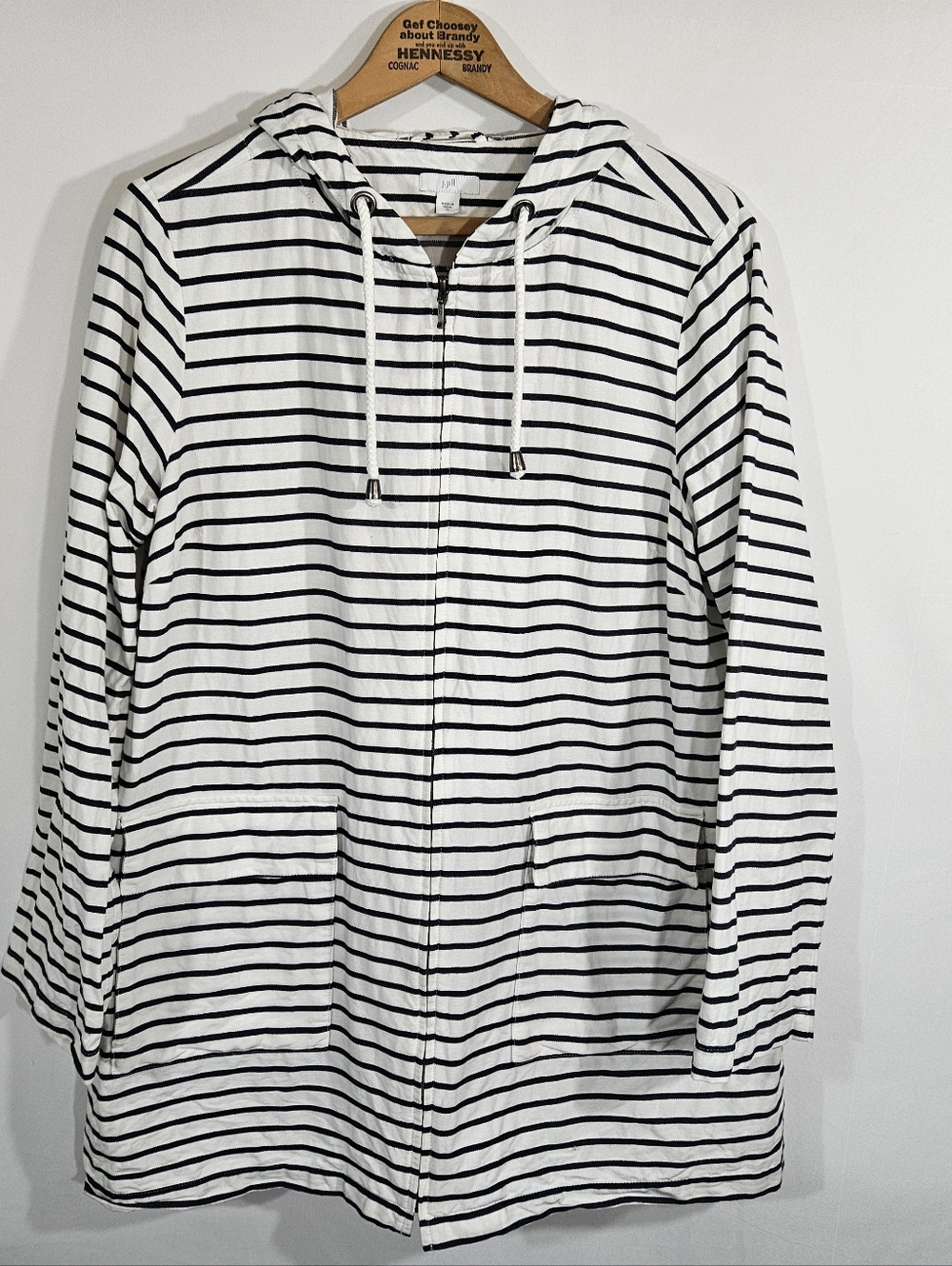 J. Jill Mariner White & Blue Striped Hooded Zip Jacket